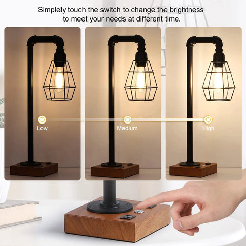 Industrial Desk Lamp With Bulb Included, 3-Way Dimmable, Edison Touch Control, showing brightness levels with metal and wood design