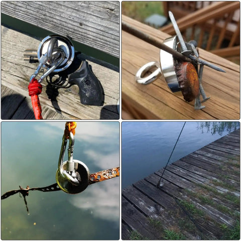 Beast Mode Heavy Duty 1500Lb Magnetic Fishing Kit with case shows magnet with rope and retrieved metal items near lake.