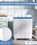 No Sweat Compact Twin Tub Washer And Spinner Combo Portable 20 Lb with 48" inlet and 20" outlet hoses shown in bathroom.