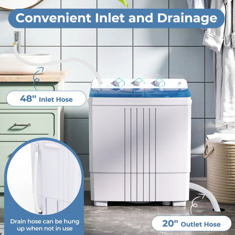 No Sweat Compact Twin Tub Washer And Spinner Combo Portable 20 Lb with 48" inlet and 20" outlet hoses shown in bathroom.