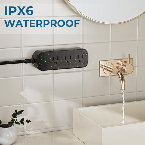 Weatherproof Outdoor Power Strip With IPX6 Waterproof Surge Protector Transparent Design wall-mounted next to sink