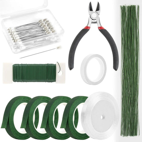 DIY Floral Arrangement Kit With Green Floral Tape And Wire For Boutonniere And Bouquet, Includes 26 Gauge Stem Wire, Corsage Pins