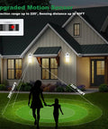 Two Pack Motion Sensor LED Outdoor Wall Lights Dusk To Dawn Exterior Lanterns illuminating front porch with detection range