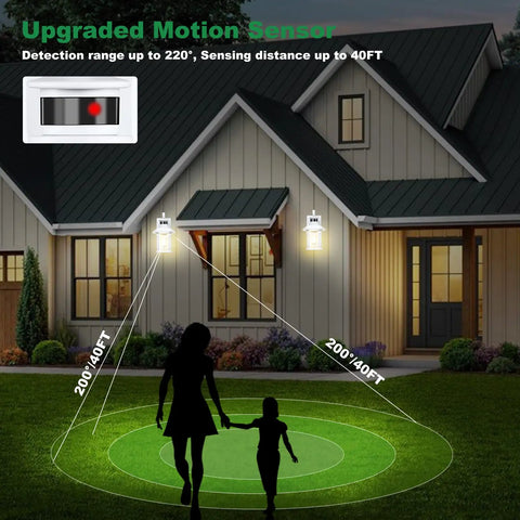 Two Pack Motion Sensor LED Outdoor Wall Lights Dusk To Dawn Exterior Lanterns illuminating front porch with detection range
