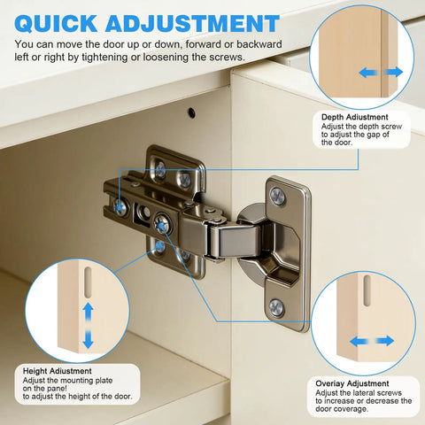 10 Pack 1 3 8 Inch Half Overlay Cabinet Hinge Soft Close 90 To 110 Degree Kitchen Door Hinges with adjustment guide details