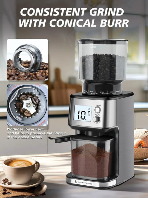 Conical Burr Espresso Grinder With 51mm Stepless Electric Bean Grinder, Pro Grade Grind Settings And Timer on kitchen counter