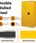 Rock Solid OSHA Compliant Flammable Safety Cabinet With Double Wall Yellow Galvanized Steel, showcasing adjustable features and high capacity.