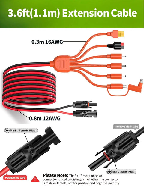 3.6 ft solar panel adapter kit with MC4, DC 8mm, XT60 Anderson connectors, universal DC adapters for power stations, camping, RV use.