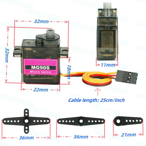 3 Pack MG90S Micro Servo Motors 14g Full Metal Gear High Torque with dimensions and components shown