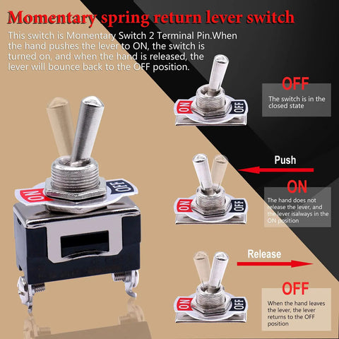 Diagram of Three Pack Heavy Duty Toggle Switches 16A 250V AC SPST Two Pin Momentary On Off With Waterproof Metal Boot Cap Cover