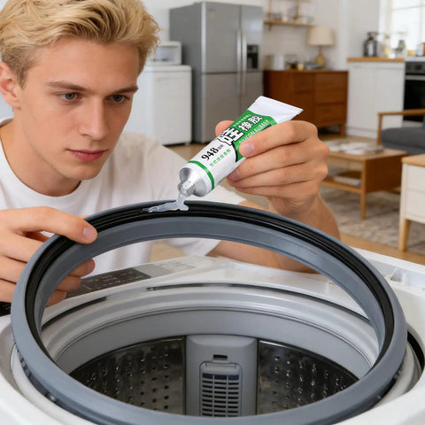 Man applying Gasket Repair Adhesive For Washing Machines And Portable Washers Quick Dry High Temp Resistant Glue to washer gasket
