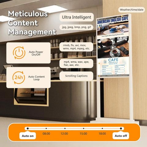 Plug And Play Ready Top Shelf 55 Inch Double Sided Digital Signage Kiosk With 4K Ultra HD Display featuring content management options.
