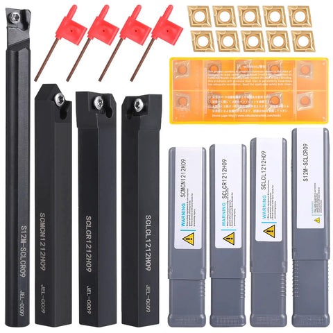 14 Piece Indexable Lathe Turning Tool Set With 4 Half Inch Shank Tool Holders And 10 CCMT09T304 Carbide Inserts Includes 4 T15 Wrenches For Quick Swaps Pro Grade Beefy Durable Tools Built For Precision Turning, shown with wrenches and inserts.