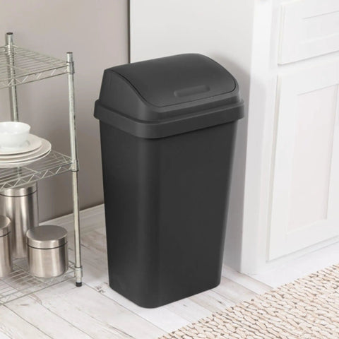 Black swing-top wastebasket, 13-gallon, in kitchen; part of 4 Pack Swing Top Wastebasket Set In Black, Sleek Square Trash Can For Kitchen