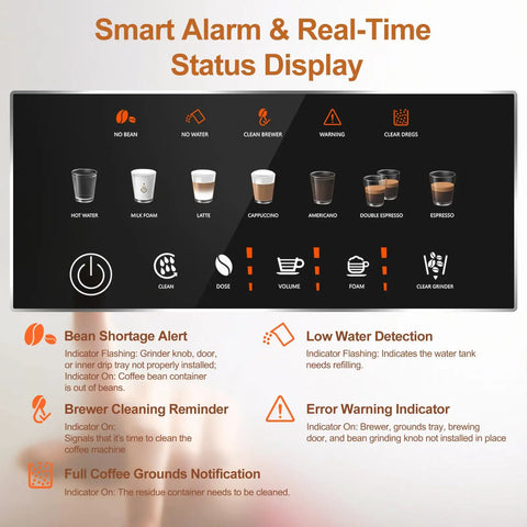 Smart Alarm & Real-Time Status Display for Total Game Changer Super Automatic Espresso Machine With Built In Grinder And 15 Custom Settings.