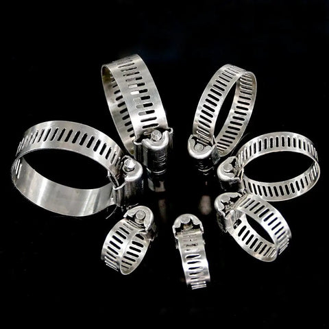 Assortment of 60 Piece Hose Clamp Kit in 6-38mm range, 304 stainless steel worm gear clamps for plumbing and auto projects.