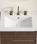 24 Inch Bathroom Vessel Sink, Ceramic Vanity Sink Top with Pre-Drilled Holes, overhead view with gold faucet fixtures.