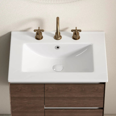 24 Inch Bathroom Vessel Sink, Ceramic Vanity Sink Top with Pre-Drilled Holes, overhead view with gold faucet fixtures.