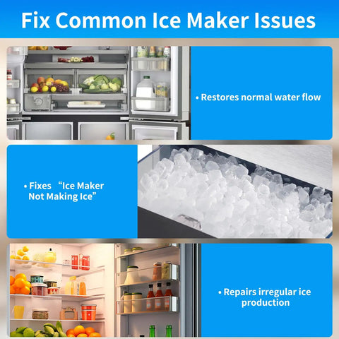 Direct Replacement Refrigerator Water Inlet Valve For GE Refrigerators Ends Ice Maker Headaches And Water Dispenser Issues With Easy Install OEM Equivalent Part infographic highlighting solutions for ice maker and water dispenser issues.
