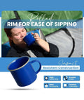 Person using durable classic enamel 12 cup coffee percolator with two mugs for camping and outdoor brewing in bold blue.