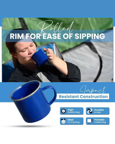Person using durable classic enamel 12 cup coffee percolator with two mugs for camping and outdoor brewing in bold blue.