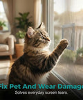 Cat touching screen with Heavy Duty Window and Door Screen Repair Patch Kit with Self Adhesive Fiberglass Mesh applied