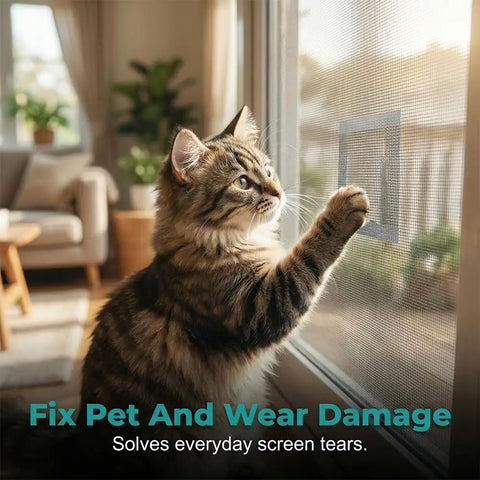 Cat touching screen with Heavy Duty Window and Door Screen Repair Patch Kit with Self Adhesive Fiberglass Mesh applied