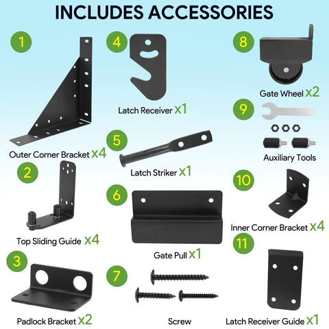 Beefy Sliding Gate Hardware Kit For 1 To 2 Inch Thick Wood Gates With Adjustable Guide Roller And Outer Corner Bracket Built Tough For Wood Fences Deck Gates Easy Install And Smooth Sliding accessories set with brackets, rollers, screws