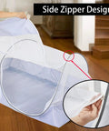 Foldable Mosquito Net Tent For Bed And Travel with pop-up design, side zipper, easy setup for baby and adults, bedroom use.