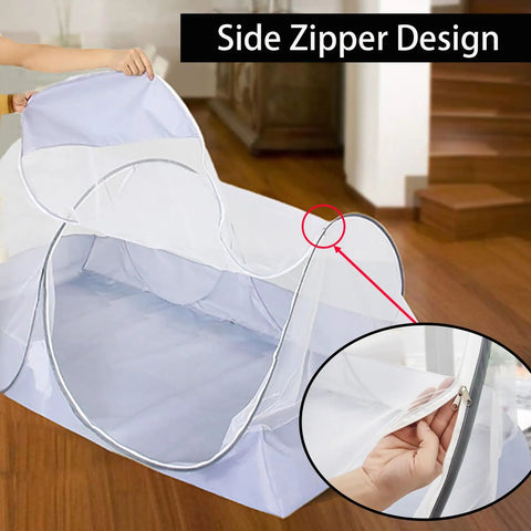 Foldable Mosquito Net Tent For Bed And Travel with pop-up design, side zipper, easy setup for baby and adults, bedroom use.