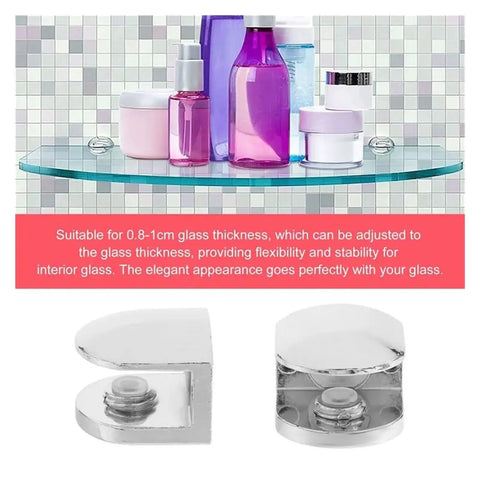 Adjustable Glass Clamps 6mm Zinc Alloy Shelf Clips for bathroom and kitchen securing glass shelves and bottles display.