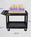 Extra Large Two Shelf Utility Cart With Heavy Duty Wheels 500 Pounds Capacity Rolling Tool Cart For Warehouses Industrial Settings Auto Garages And More Black 45.5 X 24.5 Inches shown with load capacity of 500 lbs