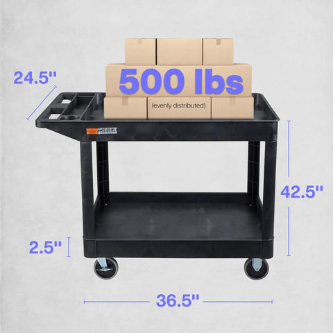Extra Large Two Shelf Utility Cart With Heavy Duty Wheels 500 Pounds Capacity Rolling Tool Cart For Warehouses Industrial Settings Auto Garages And More Black 45.5 X 24.5 Inches shown with load capacity of 500 lbs