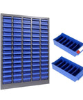 Heavy Duty Built Tough 75 Drawer Parts Cabinet With Removable Dividers, large steel storage organizer, shown with blue drawers