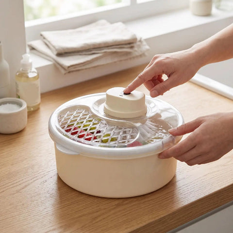 Straight Up Game Changer Electric Salad Spinner With Rapid Drain Tech That Cuts Water From Greens In Seconds, user activating motor.