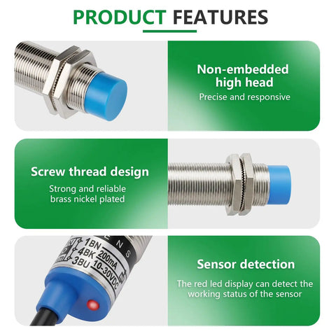 Inductive Proximity Sensor M18 8mm Sensing for CNC 3D Printer and DIY Projects Plug and Play NPN Normally Open 3 Wire DC 10 30V IP65 Non Shielded Metal Detector Switch, brass nickel plated