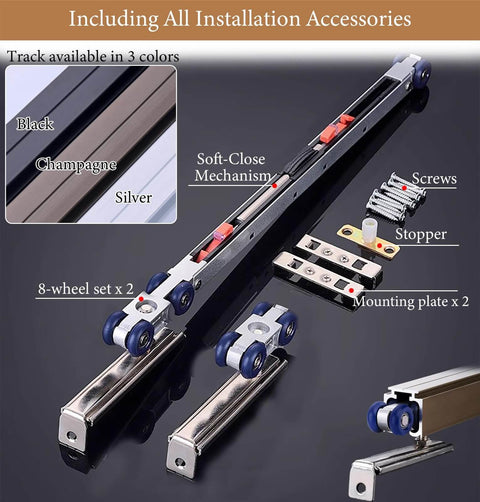 Soft Close Pocket Door Hardware With Track Kit For Sliding Barn Doors And Closet Doors Top Mount Guide System Replacement Rollers Set 12ft 3mm Aluminum Rail Smooth Close Quiet Operation Easy Install Durable Aluminum Build shown with accessories including 8-wheel set, screws, and stopper.