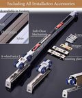 Soft Close Sliding Barn Door Hardware Kit With Smooth Glide And Quiet Operation For Closet And Pocket Doors Top Mount Rollers Built To Last From Durable Three Millimeter Aluminum Rail For Ultra Smooth No Fuss Install And No Jam Sliding shown with installation accessories on display