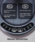 Button instructions on desktop water dispenser for 5 gallon bottle with USB rechargeable battery, wireless operation, 4W motor, grey finish.
