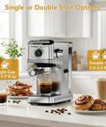Compact Stainless Steel Espresso Machine With 20 Bar Pump And Pro Steam Wand on kitchen counter with single and double shot options.