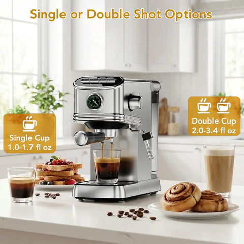 Compact Stainless Steel Espresso Machine With 20 Bar Pump And Pro Steam Wand on kitchen counter with single and double shot options.