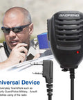 Rugged Ham Radio Speaker Microphone For UV Five R Walkie Talkies With 3.5mm Jack And 360 Degree Stainless Clip next to user