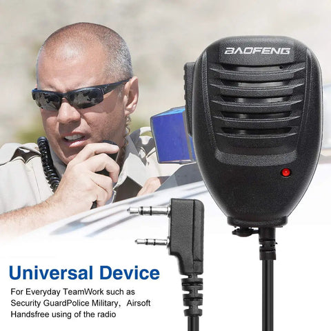 Rugged Ham Radio Speaker Microphone For UV Five R Walkie Talkies With 3.5mm Jack And 360 Degree Stainless Clip next to user
