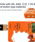 Universal Battery Tester With Digital Display For AA AAA C D 9V 1.5V Batteries Portable Travel Ready Volt Checker For All Battery Types With Clear LCD Readout And Quick Battery Health Gauge Orange Color, orange BT-189 with LCD reading 1.64V testing a 9V battery