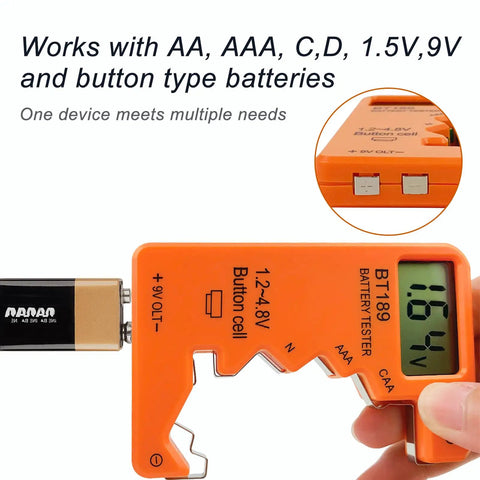 Universal Battery Tester With Digital Display For AA AAA C D 9V 1.5V Batteries Portable Travel Ready Volt Checker For All Battery Types With Clear LCD Readout And Quick Battery Health Gauge Orange Color, orange BT-189 with LCD reading 1.64V testing a 9V battery