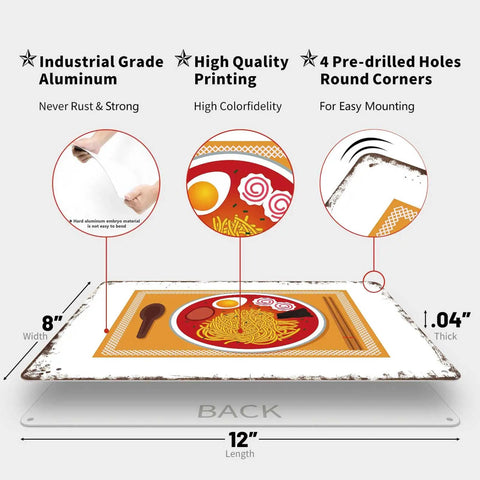 Diagram of Old School Metal Sign Mie Ramen Tin Sign 8x12 Inch showing features like rust-resistant aluminum and pre-drilled holes.
