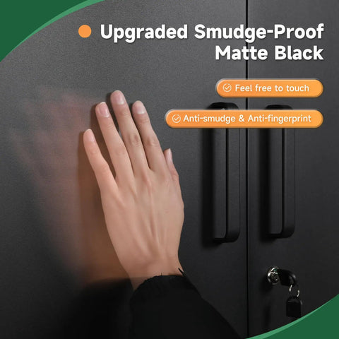 Hand touching 72 Inch Metal Garage Storage Cabinet With Locking Doors Tall Tool Organizer Steel Lockers 5 Adjustable Shelves For Home Office Warehouse Garage Heavy Duty Lockable Steel Cabinet In Black