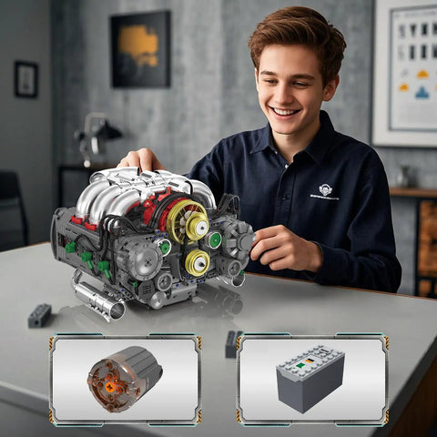 Flat Engine Building Set With Working V8 Model Kit Mini Engine Scale Model For STEM DIY Project Dope Hands On Building Toy 2375 Pieces Great Gift For Auto Enthusiasts Adults And Teens 14 Plus, boy with assembled ABS engine model and battery box
