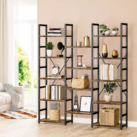 Triple Column Five Tier Bookshelf With Fourteen Open Display Shelves Rustic Industrial Style Modern Bookcase For Bedroom Living Room And Home Office in use, adorned with decor and books against a beige wall