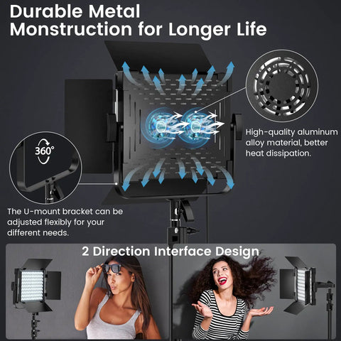 Two Pack RGB Photography Lighting Kit With 50W Bi Color LED Pro Grade Studio Lights 2300K To 8500K Dimmable, metal construction shown.